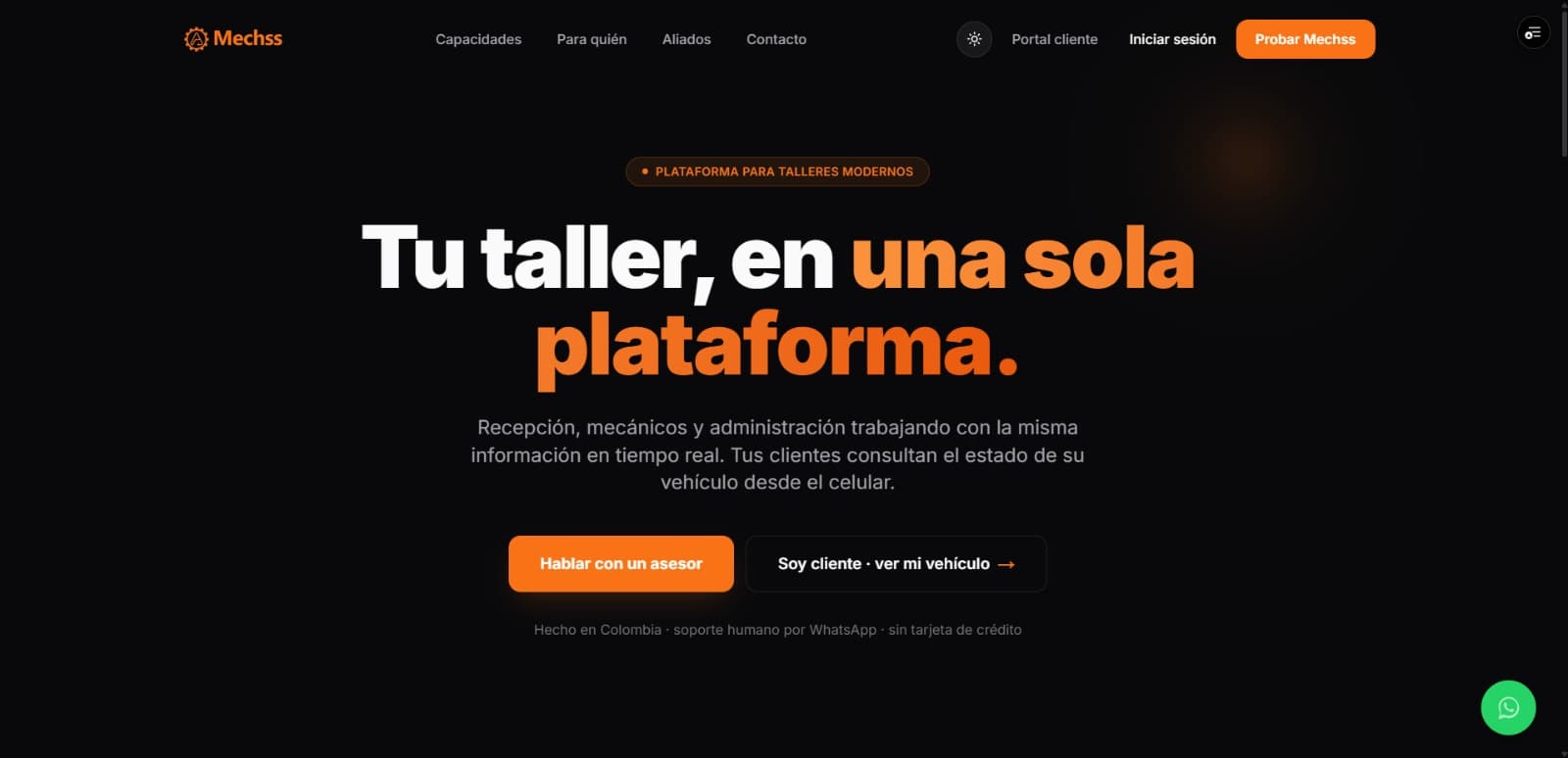 Portada de AutomatIQ Mechss en modo oscuro con el mensaje "Tu taller, en una sola plataforma" y los accesos para hablar con un asesor o consultar un vehículo