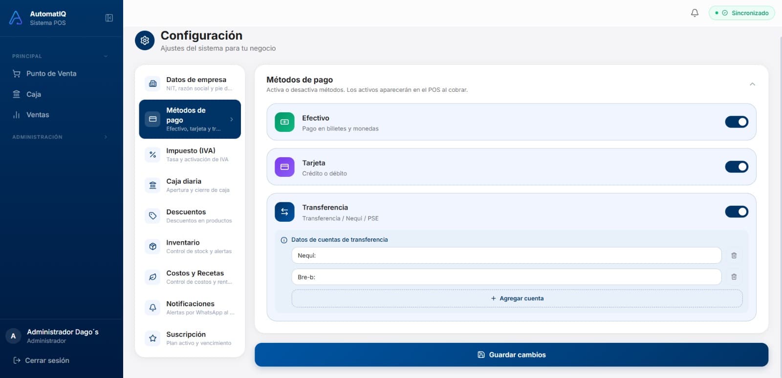 Configuración de métodos de pago en AutomatIQ POS con efectivo, tarjeta y transferencia por Nequi y Bre-B, y el indicador de estado sincronizado