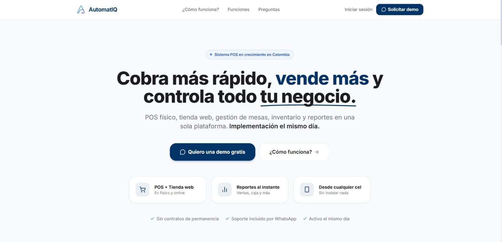 Portada de AutomatIQ POS con el mensaje "Cobra más rápido, vende más y controla todo tu negocio" y las señales de confianza sin contratos de permanencia y activo el mismo día