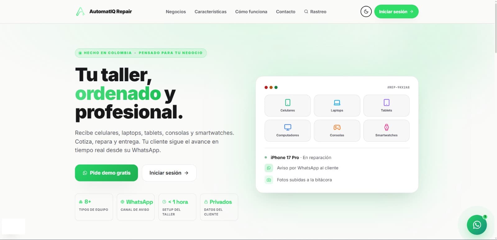 Portada de AutomatIQ Repair mostrando los tipos de equipo que maneja y una orden de reparación de un iPhone con aviso por WhatsApp al cliente